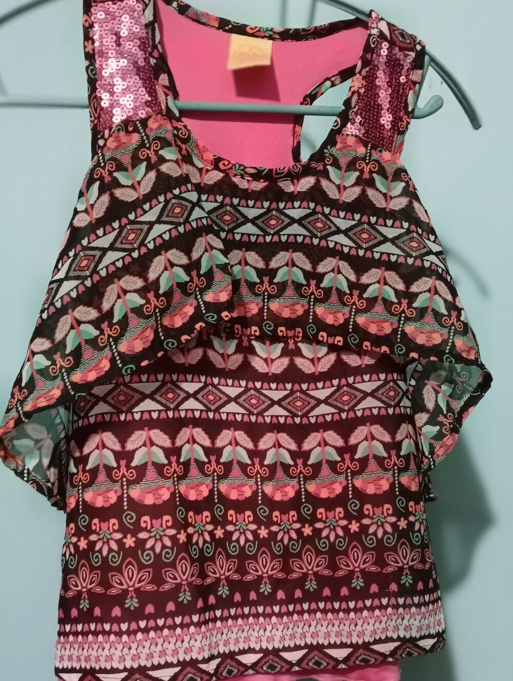 Faded Glory Pink & Mint Patterned Sequin-Trim Top